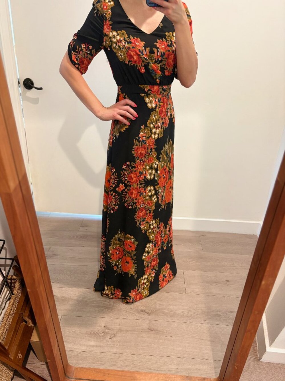 Anthropologie Black Maxi Dress with Orange & Gold Floral Print - Picture 2 of 7